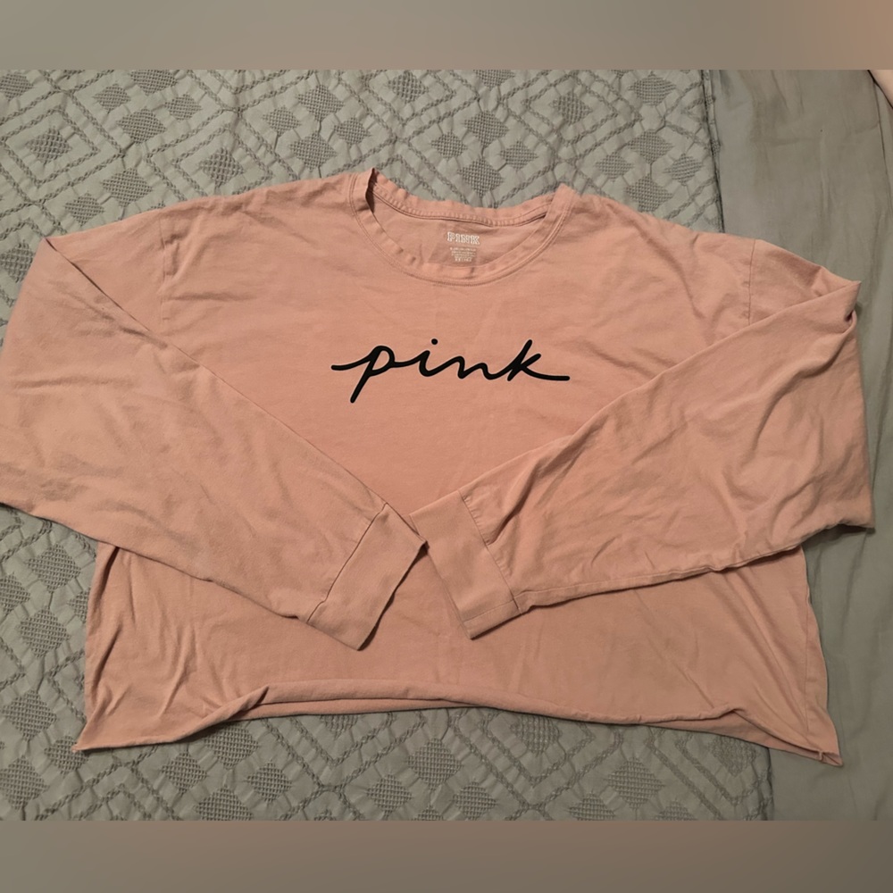 PINK Victoria's Secret Cursive Logo Pull-On Pink Long Sleeve Tee Shirt Size XL